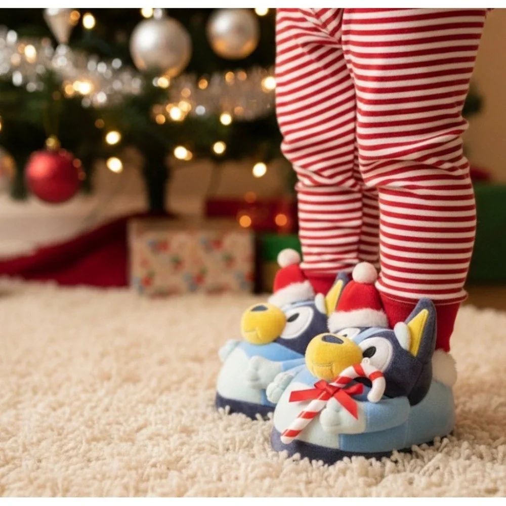Bluey Kids Slippers Christmas Santa Hat Candy‎ Cane Plush Size S